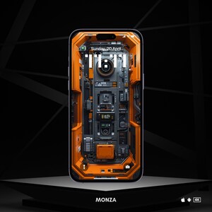 May include: A smartphone with a black and orange digital wallpaper. The wallpaper features a complex design of gears, circuits, and other mechanical elements. The date and time are displayed on the screen: Sunday, 20 April. The word "MONZA" is displayed below the phone.