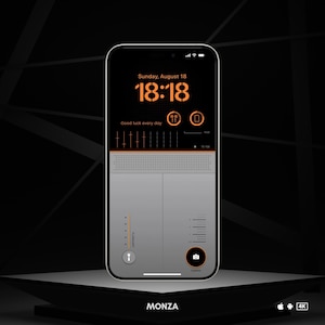 May include: A black smartphone with a white screen displaying the time 18:18, the date Sunday, August 18, and the text "Good luck every day". The screen also shows icons for headphones, a phone, and a camera.