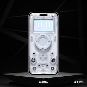 May include: A transparent white iPhone case with a mock-up of an iPod Classic. The case has a black screen displaying the time "11:11" and the date "Sunday, April 30". The case also has a mock-up of the iPod Classic's buttons, including a play/pause button, a menu button, and a volume control.