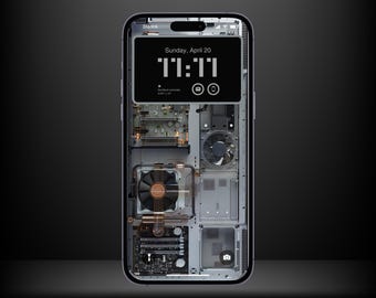 May include: A transparent phone case with a view of the phone's internal components, including a motherboard, a fan, and a camera. The phone's screen displays the time, "11:11", and the date, "Sunday, April 20". The case is labeled "MONZA" and has a 4K logo.