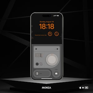 May include: A black smartphone with a white screen displaying the time 18:18 and the date Sunday, August 18. The text "Good luck every day" is displayed below the time. The phone has a gray control panel with a circular knob and a slider.