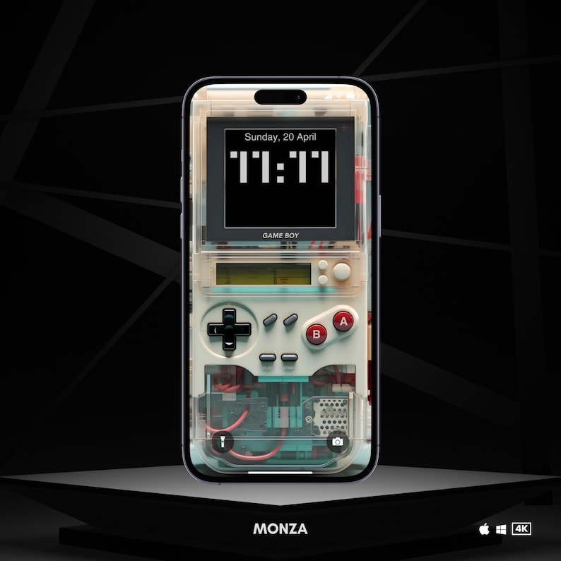 May include: Transparent phone case styled as a Game Boy. The screen shows "11:11" and the date. It includes a cross-shaped D-pad, A and B buttons, and other features of the retro handheld console. The word "MONZA" is at the bottom.