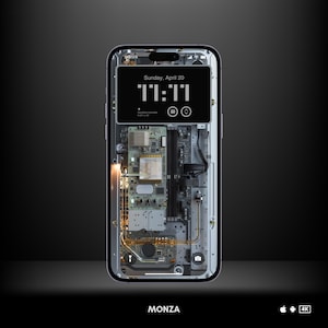 Puede incluir: Primer plano de un teléfono inteligente con una parte posterior transparente que revela los componentes internos. La pantalla muestra la hora "11:11" y la fecha "Domingo, 20 de abril". El teléfono está etiquetado como "MONZA" en la parte inferior.