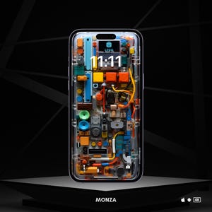 Op de afbeelding: Een transparante telefoonhoes met een kleurrijk Lego-achtig ontwerp. Het telefoonscherm toont de tijd 11:11 en de tekst "LEGO Vrijdag 25 augustus".