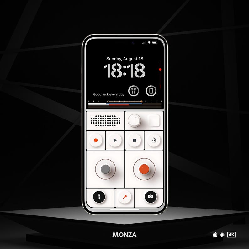 May include: A smartphone with a black screen displaying the time, date, and a control panel interface. The interface features white buttons, dials, and icons. The text "Good luck every day" is visible. The phone is on a black stand.
