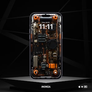 May include: A transparent phone case with a circuit board design. The case is showing the internal components of a phone. The phone screen displays the time "11:11" and the date "Friday, April 20".