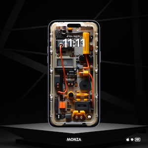 May include: A close-up of a smartphone with a transparent back panel revealing the internal circuitry. The phone's screen displays the time "11:11" and the date "Friday, April 20".