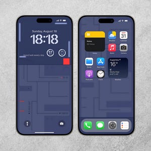 May include: A screenshot of an iPhone displaying a dark blue custom home screen with a digital clock showing 18:18, the date Sunday, August 18, and the text "Good luck every day". The home screen also includes icons for flashlight, camera, and notes. The second screen shows a dark blue custom home screen with icons for notes, weather, calendar, music, camera, app store, podcasts, clock, and weather. The text "Cupertino" and "16&deg;" are displayed on the weather icon. The bottom of the screen shows icons for phone, messages, settings, and reminders.
