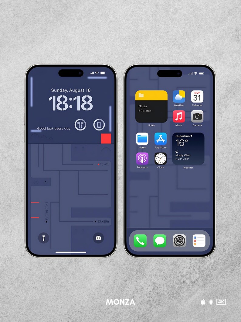 May include: A screenshot of an iPhone displaying a dark blue custom home screen with a digital clock showing 18:18, the date Sunday, August 18, and the text "Good luck every day". The home screen also includes icons for flashlight, camera, and notes. The second screen shows a dark blue custom home screen with icons for notes, weather, calendar, music, camera, app store, podcasts, clock, and weather. The text "Cupertino" and "16&deg;" are displayed on the weather icon. The bottom of the screen shows icons for phone, messages, settings, and reminders.