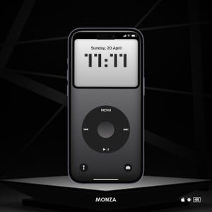 May include: A black smartphone with a white screen displaying the time "11:11" and the date "Sunday, 20 April". The phone has a black iPod-like interface with a circular button and the word "MENU" above it.