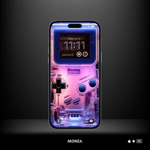 May include: A smartphone with a transparent pink and blue case designed to resemble a retro handheld gaming console. The screen displays the time 11:11 and the date Friday, April 20. The case has buttons and a directional pad.