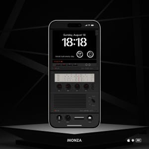May include: A black smartphone with a retro-style interface displaying the time 18:18, the date Sunday, August 18, and the text "Good luck every day".
