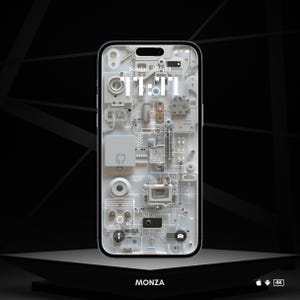 May include: A white smartphone with a transparent design, revealing the internal circuitry. The screen displays the time "11:11" and the date "Sunday, 20 April". The phone is on a black surface with the word "MONZA" printed below it.