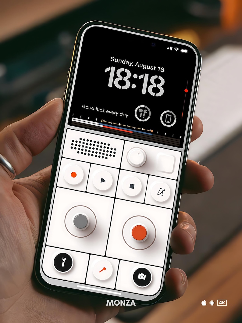 May include: A smartphone with a retro-style interface, featuring a black screen displaying the time, date, and the text "Good luck every day." The phone has a white and black design with various buttons and icons. The word "MONZA" is at the bottom.