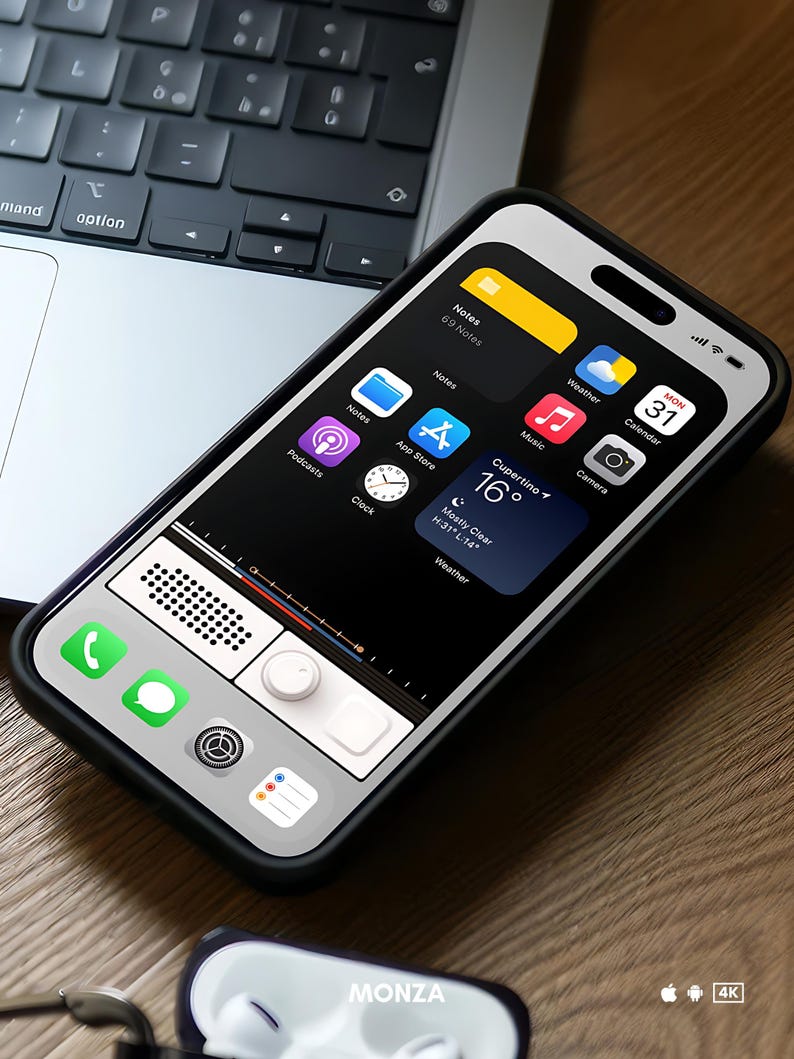 May include: A smartphone with a black case displaying a retro radio interface on the screen. The screen shows app icons, including Notes, App Store, and Calendar. The phone is on a wooden surface near a laptop keyboard and a pair of wireless earbuds.