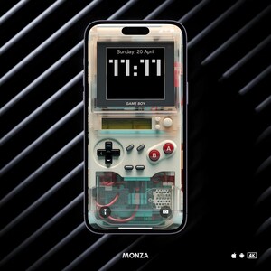 May include: A smartphone case designed to resemble a Game Boy. The case has a transparent design, with a black screen showing the time and date. Red and white buttons are visible. The words "GAME BOY" and "MONZA" are printed on the case.