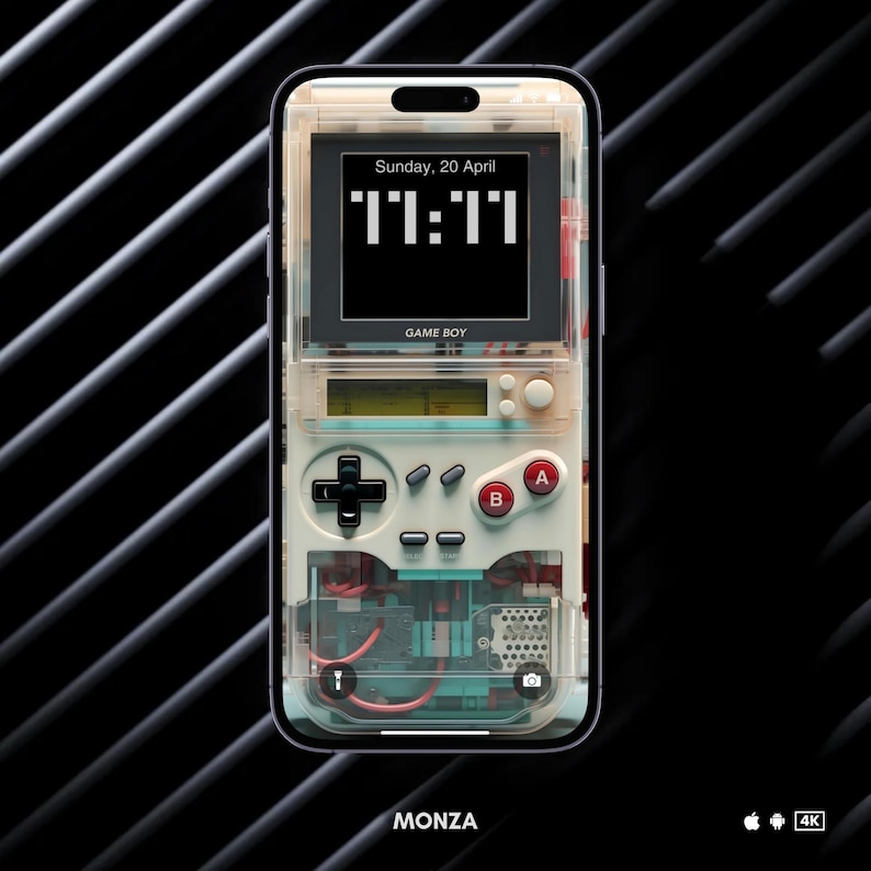 May include: A smartphone case designed to resemble a Game Boy. The case has a transparent design, with a black screen showing the time and date. Red and white buttons are visible. The words "GAME BOY" and "MONZA" are printed on the case.