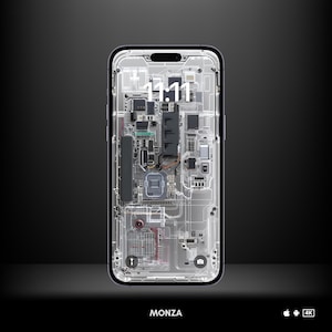 Mekanisk iPhone-bakgrundsbild | Transparent kretsteknik, futuristisk konst (digital nedladdning)