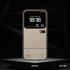 May include: A black smartphone with a beige screen displaying the time 18:18, the date Sunday, August 18, and the text "Good luck every day". The phone has a black bezel and a white home button.