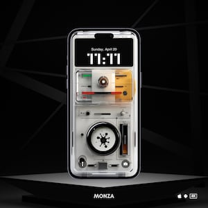 Puede incluir: Un teléfono inteligente negro con una interfaz blanca y gris. La pantalla muestra la hora "11:11" y la fecha "Domingo, 20 de abril". El teléfono tiene un icono de cámara y un icono de micrófono.