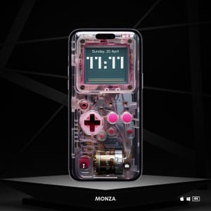 May include: Clear phone case with a retro gaming console design. The case features a pink D-pad and buttons, with internal components visible. The screen displays "Sunday, 20 April" and the time "11:11". The word "MONZA" is at the bottom.