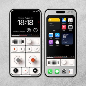 May include: Two smartphones with a unique design. One displays a black screen with the time, date, and the text "Good luck every day." The other shows app icons, weather, and calendar information. The bottom of each phone has a speaker and control buttons. The word "MONZA" is at the bottom.