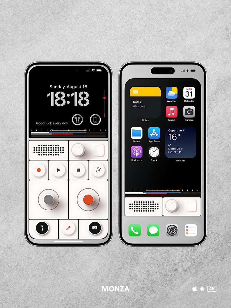 May include: Two smartphones with a unique design. One displays a black screen with the time, date, and the text "Good luck every day." The other shows app icons, weather, and calendar information. The bottom of each phone has a speaker and control buttons. The word "MONZA" is at the bottom.