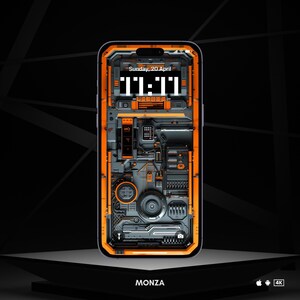 Puede incluir: Un teléfono inteligente negro con un borde naranja y una pantalla de reloj digital que muestra "11:11" y la fecha "Domingo, 20 de abril". El fondo del teléfono es una imagen estilizada de una placa de circuito con varios engranajes y botones.