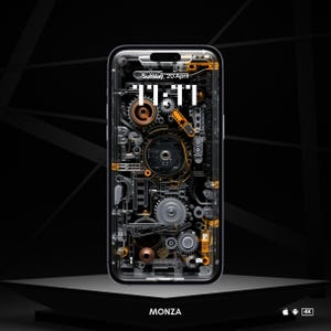 May include: A transparent phone case with a mechanical design. The case is made of clear plastic and has an intricate pattern of gears and cogs. The phone case is on a black surface with the word "MONZA" printed below it.