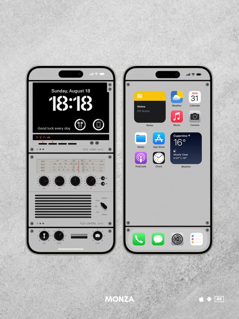 May include: A digital illustration of a smartphone with a gray and black design. The phone screen displays a clock with the time 18:18 and the date Sunday, August 18. The phone also has a digital radio interface with a dial and knobs. The phone screen also displays a grid of app icons, including Notes, Weather, Calendar, Music, Camera, App Store, Podcasts, Clock, and Weather. The phone has a black border and a gray background. The text "MONZA" is displayed at the bottom of the image.