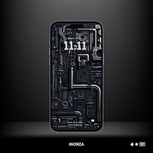 Puede incluir: Un smartphone con un fondo de pantalla oscuro de temática industrial que presenta una compleja disposición de tuberías, engranajes y componentes mecánicos en tonos grises y negros. Se muestra la hora 11:11. La palabra "MONZA" está en la parte inferior.