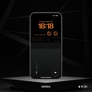 以下が含まれることがあります： 「18:18」と日付「8月18日（日曜日）」が表示された、明るいオレンジ色のデジタル時計が付いた黒いスマートフォン。画面には、「毎日幸運を」というテキストが表示されたグラフィックイコライザーも表示されています。