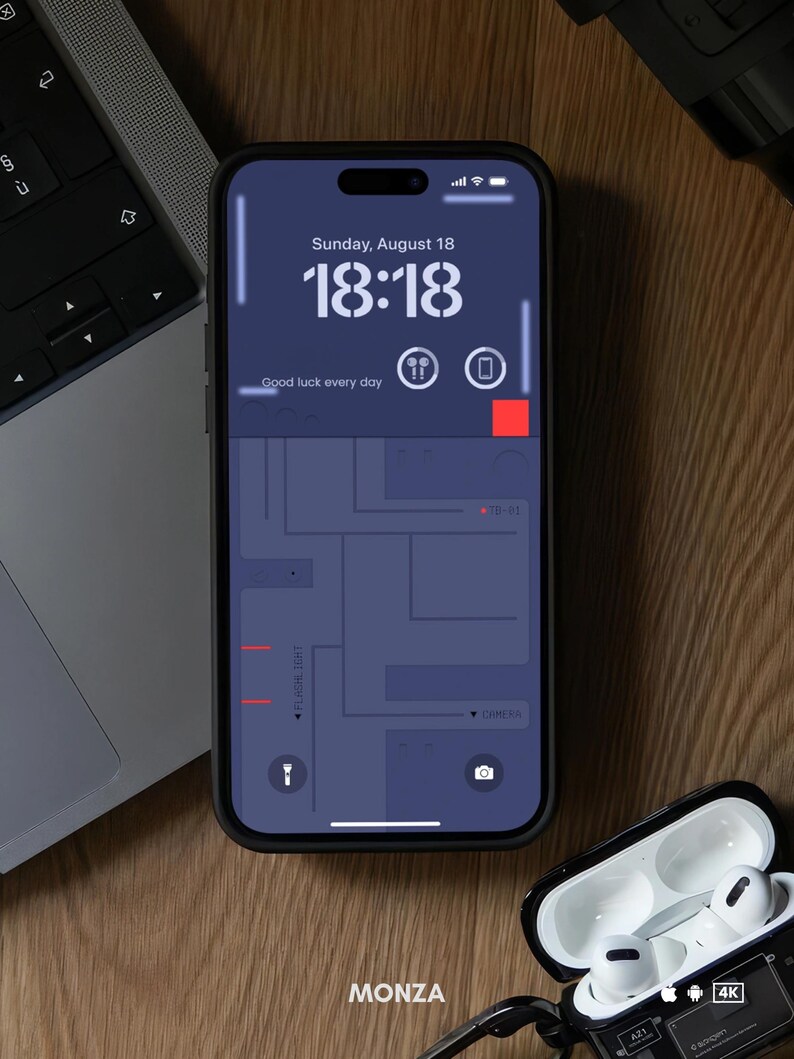 May include: A black smartphone with a dark blue screen displaying the time 18:18, the date Sunday, August 18, and the text "Good luck every day". The screen also shows a map with red lines and the words "FLACHLIONT" and "CAMERA".