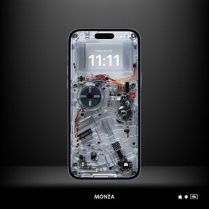 Puede incluir: Un teléfono inteligente transparente con componentes internos visibles, que muestra la hora 11:11 en la pantalla. El teléfono está etiquetado como "MONZA" y tiene un logotipo 4K.