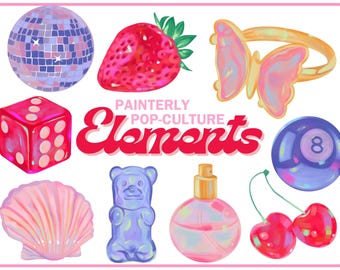 Funky Painterly Pop-Culture Elements Pack - 30 Transparent PNG Elements | Clipart, Photoshop, Graphic Design, Illustrator, Procreate