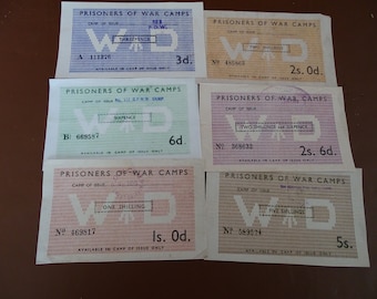 Set of 6 REPRODUCTION WW2 POW cash Vouchers used in British Camps by German pow's