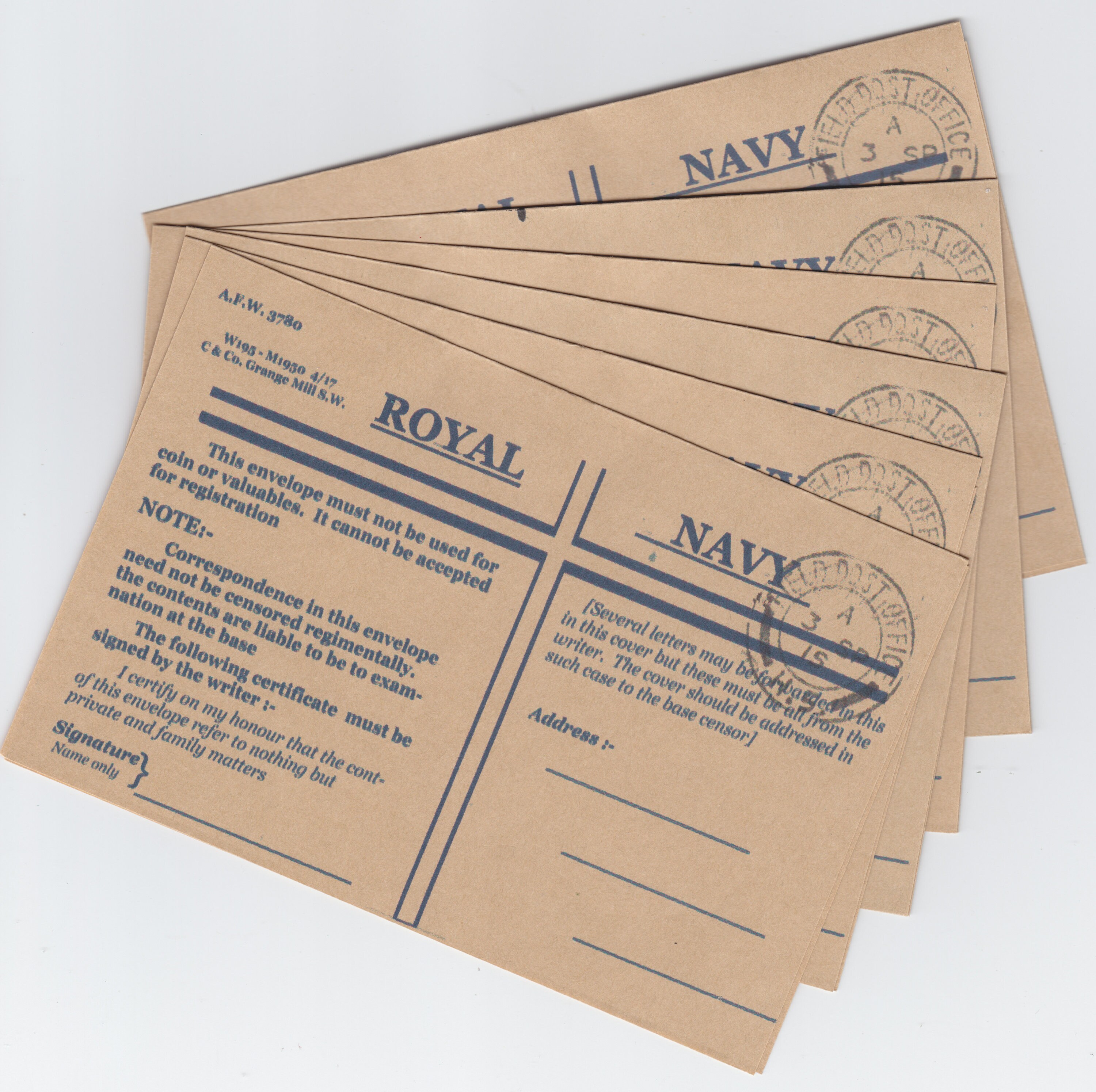 Set of 6 REPRODUCTION WW1 Royal Navy Service Envelopes Post Marked 1915