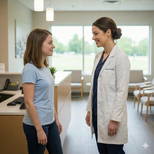 Puede incluir: Dos mujeres en un consultorio médico. Una lleva una camiseta azul claro y vaqueros, la otra una bata blanca sobre una blusa azul oscuro. Se sonríen en una habitación bien iluminada.