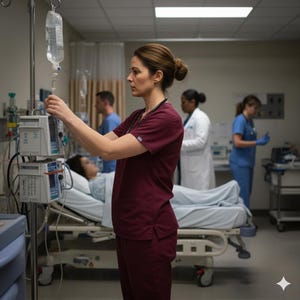 May include: A medical professional in burgundy scrubs adjusts an IV drip in a hospital room. Other medical staff are in the background, attending to a patient on a hospital bed. The room has medical equipment and a sterile environment.