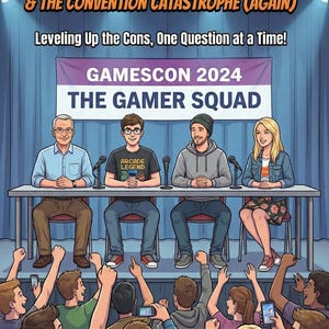 Puede incluir: Portada de cómic de "THE GAMER SQUAD" en Gamescon 2024. La imagen muestra un panel de cuatro personas en una mesa, con una multitud de fans debajo. El libro es de Kenneth Turner.