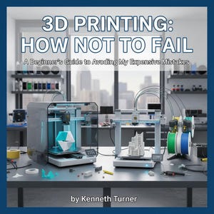 Pode incluir: Imagem da capa de um livro intitulado "3D PRINTING: HOW NOT TO FAIL" com o subtítulo "A Beginner's Guide to Avoiding My Expensive Mistakes" por Kenneth Turner. A imagem mostra duas impressoras 3D, uma imprimindo uma forma geométrica e outra um modelo de edifício.