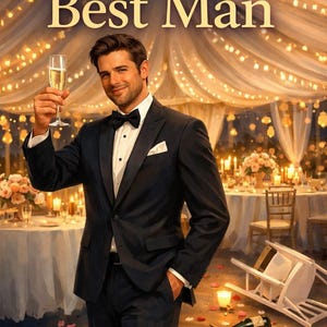 Puede incluir: Portada de libro con un hombre en esmoquin negro sosteniendo una copa de champán. El título es "Love According to the Best Man", con el subtítulo "How My Best Friend Found Love By Falling Apart". El fondo muestra una recepción de boda.