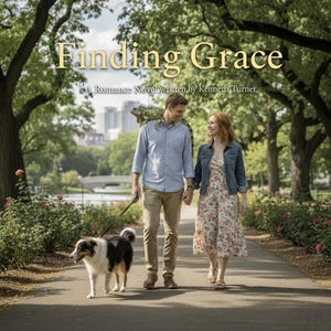 May include: A book cover for "Finding Grace" by Kenneth Turner. The image shows a couple walking on a path in a park, holding hands. A dog walks beside them, and an iguana rests on the man's shoulder. The background includes trees, flowers, and a city skyline.
