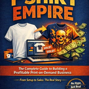 以下が含まれることがあります： オレンジと黄色の文字で「T-SHIRT EMPIRE」というタイトルの本の表紙。表紙には白いTシャツ、Tシャツのデザインが施されたノートパソコン、スカルグラフィックの黒いTシャツが描かれています。テキストは「Print on Demand」と書かれています。