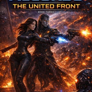 Op de afbeelding: Boekomslag voor "The Accords: The United Front, Book Three" van Lilith Nightfall. De afbeelding toont twee figuren in futuristische kleding, waarvan één een wapen vasthoudt met een vurige explosie. De achtergrond is een vurige, door oorlog verscheurde landschap met de titeltekst bovenaan.