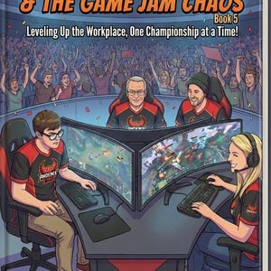 May include: Book cover for "The Gamer Squad & The Game Jam Chaos" by Kenneth Turner. The cover depicts a gaming scene with multiple people playing video games, with the text "Leveling Up the Workplace, One Championship at a Time!"