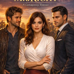 Puede incluir: Portada del libro "The Wrong Mr. Right: A Contemporary Romance" de Kenneth Turner. La portada presenta a una mujer con una blusa blanca y una falda roja, flanqueada por dos hombres. El título está en letras doradas sobre el nombre del autor.