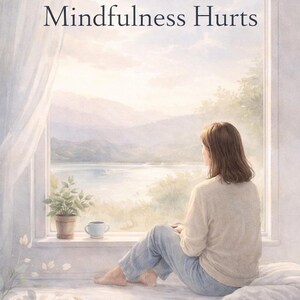 May include: Book cover featuring the title "When Mindfulness Hurts" above a woman looking out a window. The scene includes a lake, mountains, and a small potted plant. The author's name, Lilith Nightfall, is at the bottom.