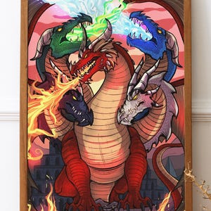 May include: A framed print featuring a fantasy illustration of five dragons. The central red dragon breathes fire, while others are green, blue, purple, and white. The background shows a castle and a pink and orange sky.