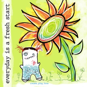 Zonnebloemkaart, 2 STICKERS geïllustreerd, inspirerend, leuk, wenskaart, blanco kaart, elke dag is een frisse startkaart